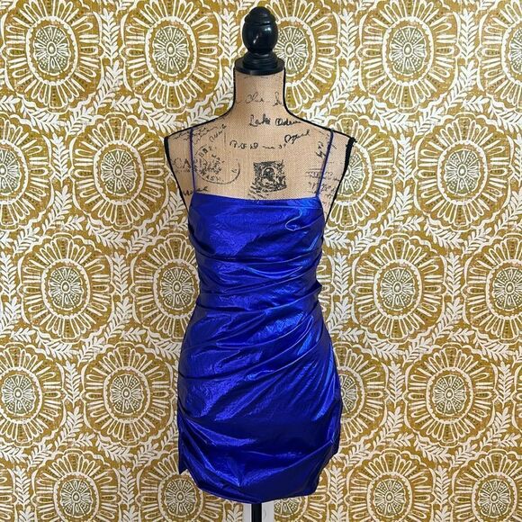 NWT Amanda Uprichard Laconia Blue Metallic Strappy Ruched Mini Dress size XS - Picture 5 of 12
